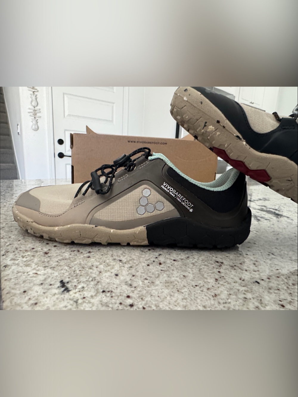 Vivo Barefoot Men's Beige Black Athletic Trail Shoes with Mint Accent